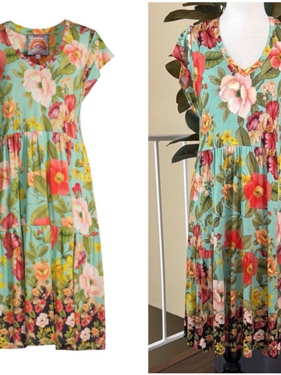 Johnny Was Dresses & Skirts - Johnny Was Burke Tiered Midi Floral Print V-Neck Short
Sleeve Dress